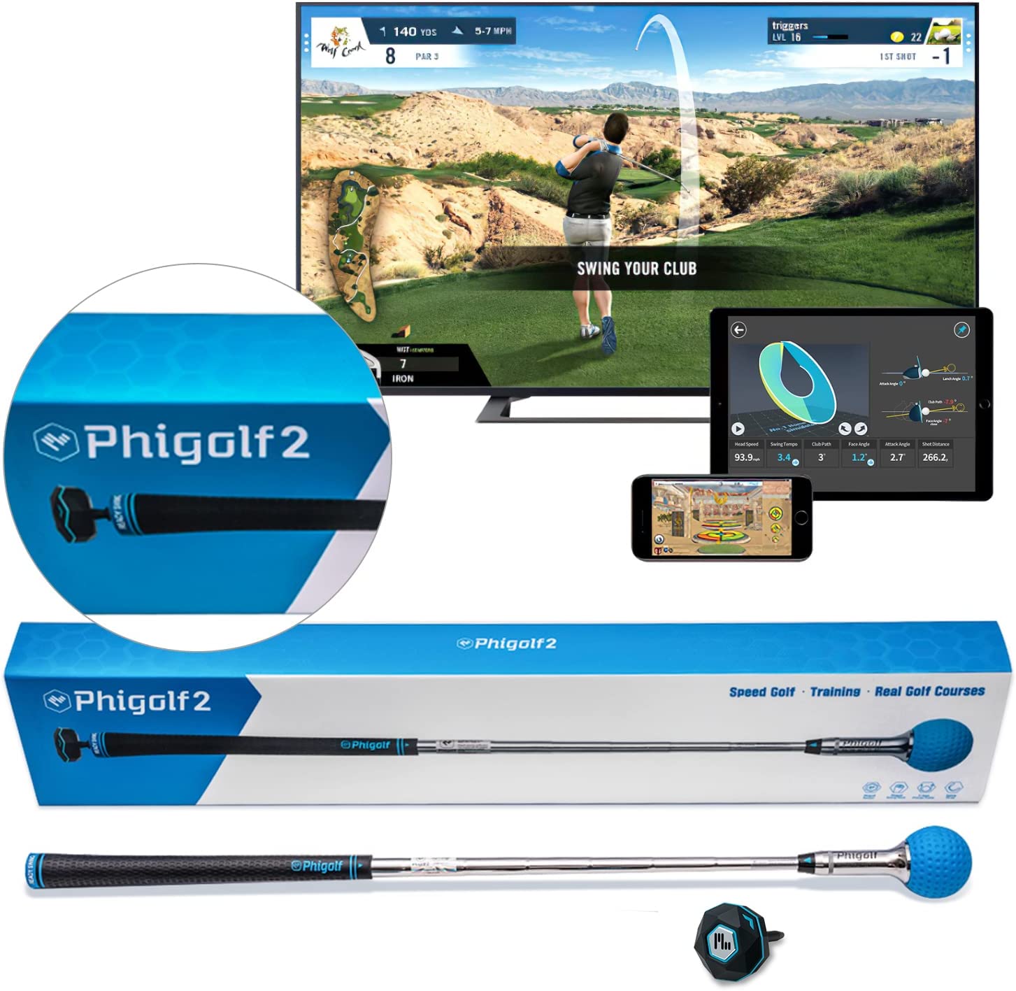  PHIGOLF Home Golf Simulator with Weighted Swing Stick, Indoor  & Outdoor Use, Swing Trainer with Motion Sensor & 3D Swing Analysis,  Supports Android and iOS Devices, Compatible with WGT 